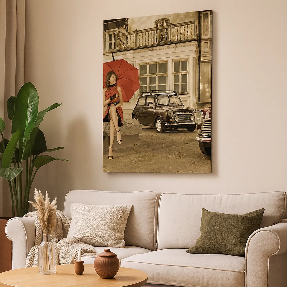 Bild auf Leinwand - Leinwandbild - Frau mit rotem Regenschirm bei Oldtimern - 50x70cm - Eine sentimentale Minireise - Moderne Wanddekoration für Wohnzimmer und Schlafzimmer ARTTOR