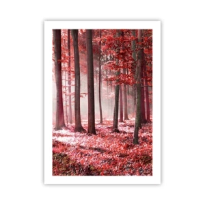 Poster - Ein Wald mit roten Blättern und Nebel am Morgen - 50x70cm - Rot ist genauso schön - Moderne Wanddekoration für Wohnzimmer und Schlafzimmer ARTTOR