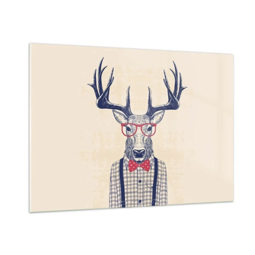 Glasbild - Bild auf glas - Abbildung eines Hirsches mit Brille und Fliege - 100x70cm - Eine lustige Extravaganz - Moderne Wanddekoration für Wohnzimmer und Schlafzimmer ARTTOR