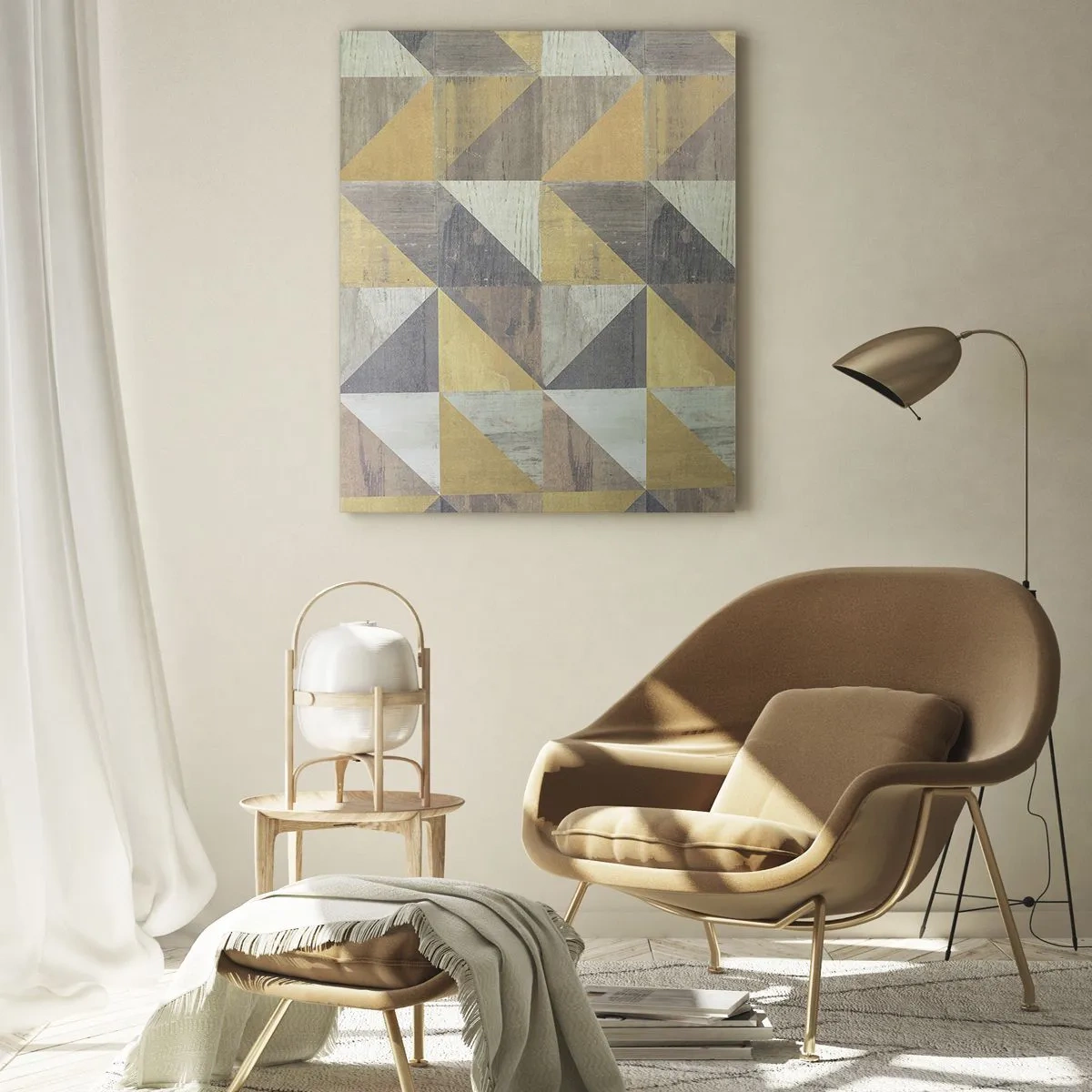 Glasbild - Bild auf glas - Geometrische Komposition aus Dreiecken in erdigen Farbtönen - 80x120cm - Am Winkel des Dreiecks - Moderne Wanddekoration für Wohnzimmer und Schlafzimmer ARTTOR