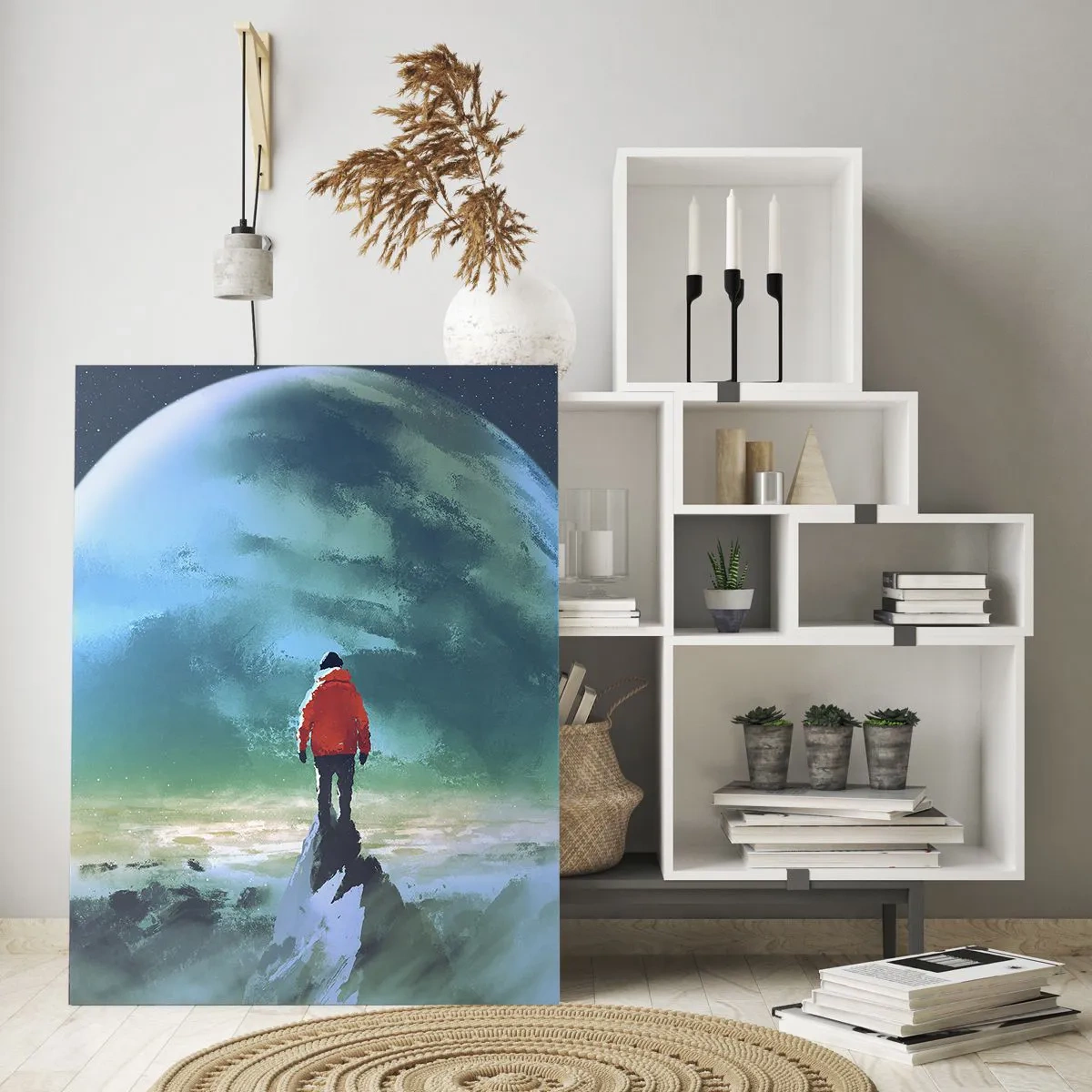 Glasbild - Bild auf glas - Eine Figur in einer roten Jacke vor dem Hintergrund eines riesigen Planeten und Sternen - 50x70cm - Entdecker des neuen Landes - Moderne Wanddekoration für Wohnzimmer und Schlafzimmer ARTTOR