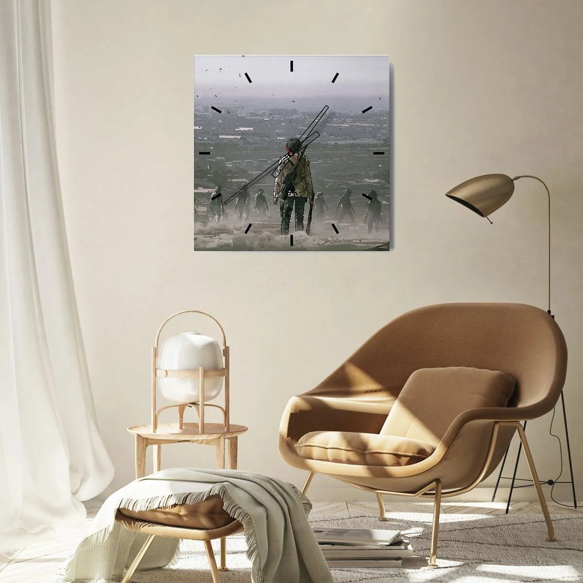 Wanduhr - Glasuhr - Eine Gestalt mit einer Waffe steht vor einer Gruppe in einer dystopischen Landschaft. - 30x30cm - Letzter Gerechter? - Moderne Wanddekoration für Wohnzimmer und Schlafzimmer ARTTOR