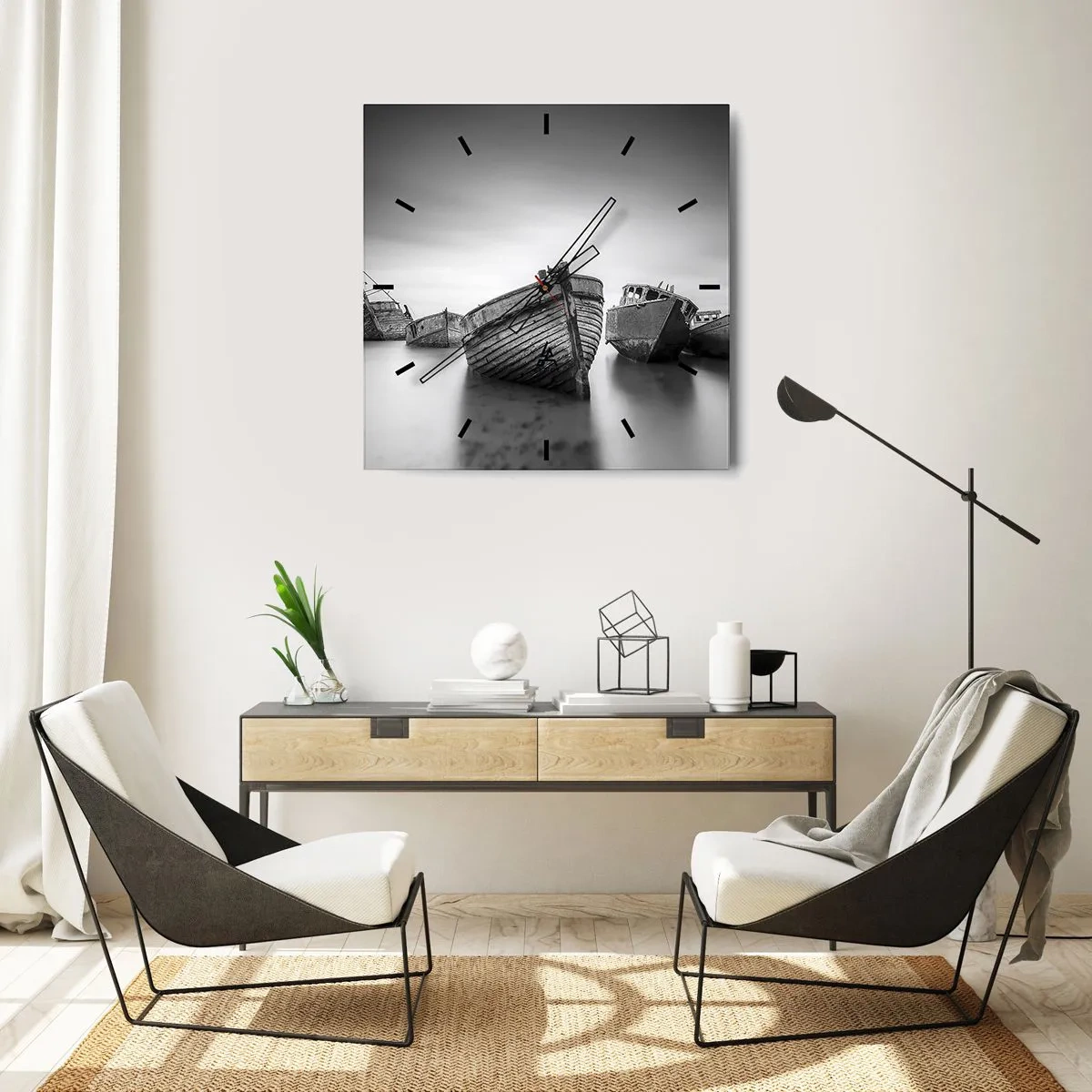 Wanduhr - Glasuhr - Verlassene Boote auf ruhigem Wasser - 30x30cm - Nur Erinnerungen ... - Moderne Wanddekoration für Wohnzimmer und Schlafzimmer ARTTOR