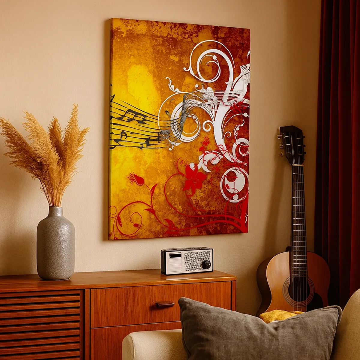 Bild auf Leinwand - Leinwandbild - Abstrakte Musiknoten auf einem bunten Hintergrund mit Ornamenten - 50x70cm - Lass die Musik fließen - Moderne Wanddekoration für Wohnzimmer und Schlafzimmer ARTTOR