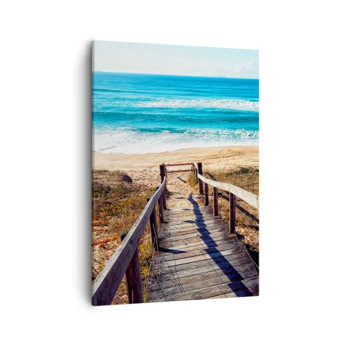 Bild auf Leinwand - Leinwandbild - Holzweg zum Strand - 50x70cm - Lauf! - Moderne Wanddekoration für Wohnzimmer und Schlafzimmer ARTTOR
