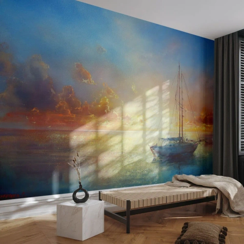 Fototapete Premium Canvas - In einer goldenen Bucht - Segelboot, Landschaft, Meer - 500x350 cm