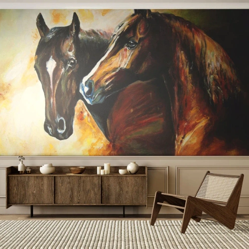 Fototapete Premium Sand - Zwei Pferde in malerischer Interpretation - 100x70cm - Doppelt anmutig - Moderne Wanddekoration für Wohnzimmer und Schlafzimmer ARTTOR