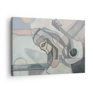 Bild auf Leinwand - Leinwandbild - Eine abstrakte Figur mit einer Gitarre in Pastellfarben. - 70x50cm - In der Kraft der Musik - Moderne Wanddekoration für Wohnzimmer und Schlafzimmer ARTTOR