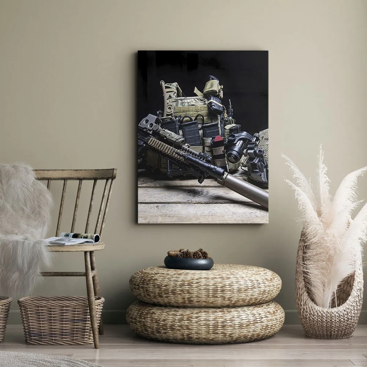Bild auf Leinwand - Leinwandbild - Taktische Ausrüstung mit einem Gewehr auf einem Holztisch - 50x70cm - Sich ausruhen! - Moderne Wanddekoration für Wohnzimmer und Schlafzimmer ARTTOR