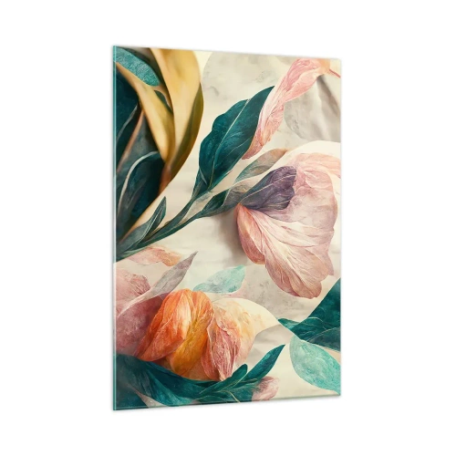 Glasbild - Bild auf glas - Exotische Blumen und Blätter in Pastellfarben im botanischen Stil - 50x70cm - Blumen der südlichen Inseln - Moderne Wanddekoration für Wohnzimmer und Schlafzimmer ARTTOR