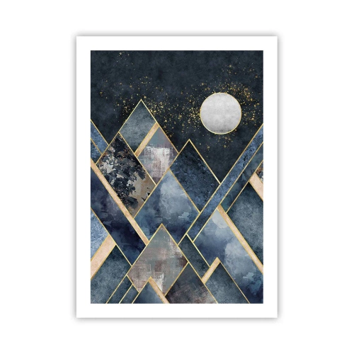 Poster - Geometrische Berge in Marineblau- und Goldtönen - 50x70cm - Geometrische Landschaft - Moderne Wanddekoration für Wohnzimmer und Schlafzimmer ARTTOR