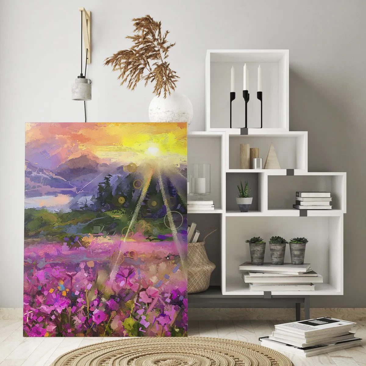 Glasbild - Bild auf glas - Eine malerische Wiese in den Strahlen der untergehenden Sonne - 80x120cm - Im Tal unter dem Schutz der Sonne - Moderne Wanddekoration für Wohnzimmer und Schlafzimmer ARTTOR