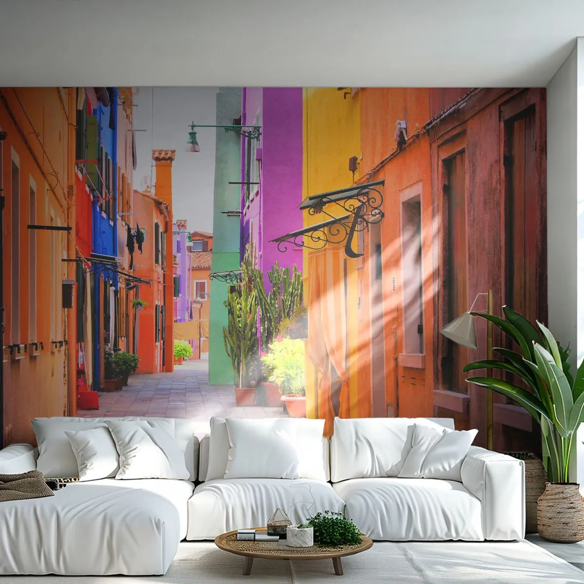 Fototapete Premium Sand - Eine bunte Straße mit bunten Mietshäusern - 100x70cm - Regenbogengasse - Moderne Wanddekoration für Wohnzimmer und Schlafzimmer ARTTOR