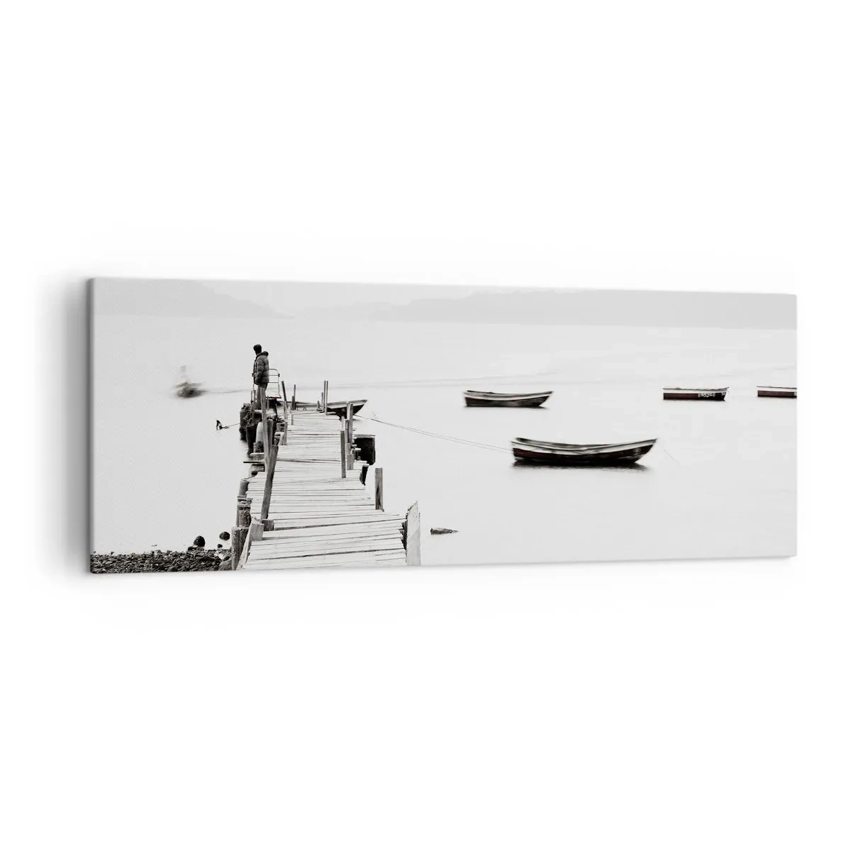 Bild auf Leinwand - Leinwandbild - Holzsteg und Boote auf ruhigem Wasser - 140x50cm - Ruhig und sauber über dem Wasser - Moderne Wanddekoration für Wohnzimmer und Schlafzimmer ARTTOR