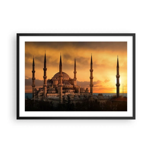 Poster in einem schwarzem Rahmen - Die Moschee bei Sonnenuntergang in warmen Farben - 70x50cm - Gott ist großartig - Moderne Wanddekoration für Wohnzimmer und Schlafzimmer ARTTOR