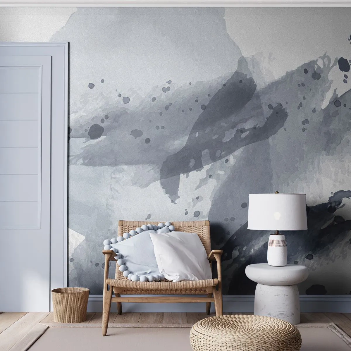 Fototapete Premium Sand - Blaugraue abstrakte Aquarellspritzer, die an Wasser erinnern - 100x70cm - Eine Studie über die Natur des Wassers - Moderne Wanddekoration für Wohnzimmer und Schlafzimmer ARTTOR