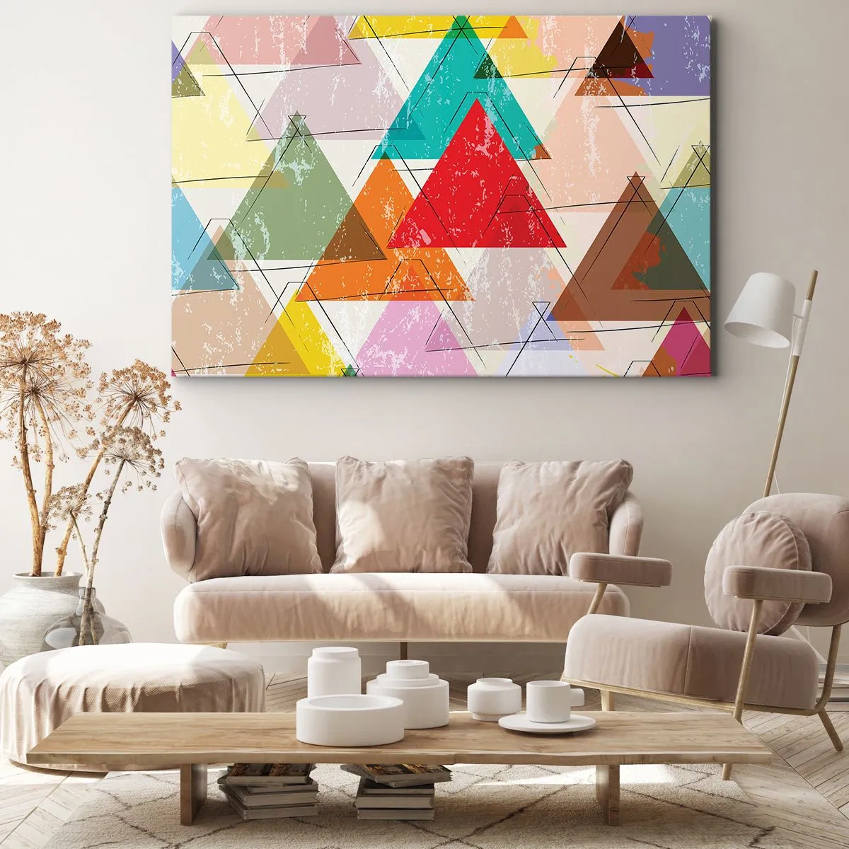 Bild auf Leinwand - Leinwandbild - Bunte Abstraktion mit geometrischen Dreiecken - 70x50cm - Drei mal drei - Moderne Wanddekoration für Wohnzimmer und Schlafzimmer ARTTOR