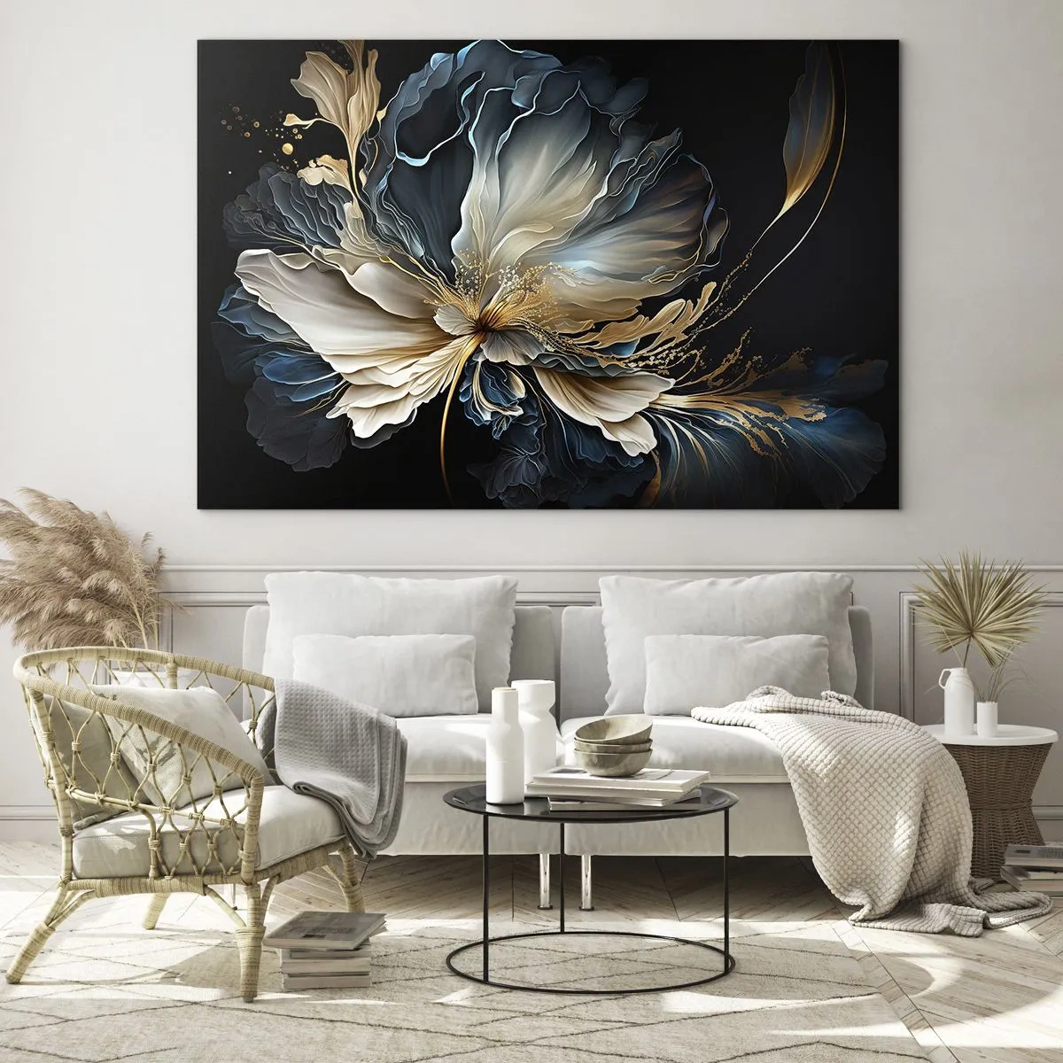 Glasbild - Bild auf glas - Eine ausgefallene Blume in Gold-, Marineblau- und Beigetönen auf Schwarz - 70x50cm - Märchenhafte Farnblume - Moderne Wanddekoration für Wohnzimmer und Schlafzimmer ARTTOR