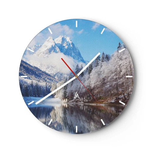 Wanduhr - Glasuhr - Winterberge spiegeln sich in einem ruhigen See - 30x30cm - Schneefang - Moderne Wanddekoration für Wohnzimmer, Küche und Schlafzimmer ARTTOR