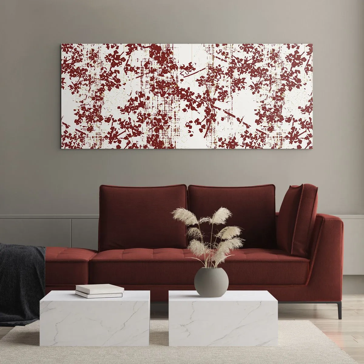 Glasbild - Bild auf glas - Rote Blumen auf weißem Hintergrund im künstlerischen Stil - 120x50cm - Wie alter Perkal - Moderne Wanddekoration für Wohnzimmer und Schlafzimmer ARTTOR
