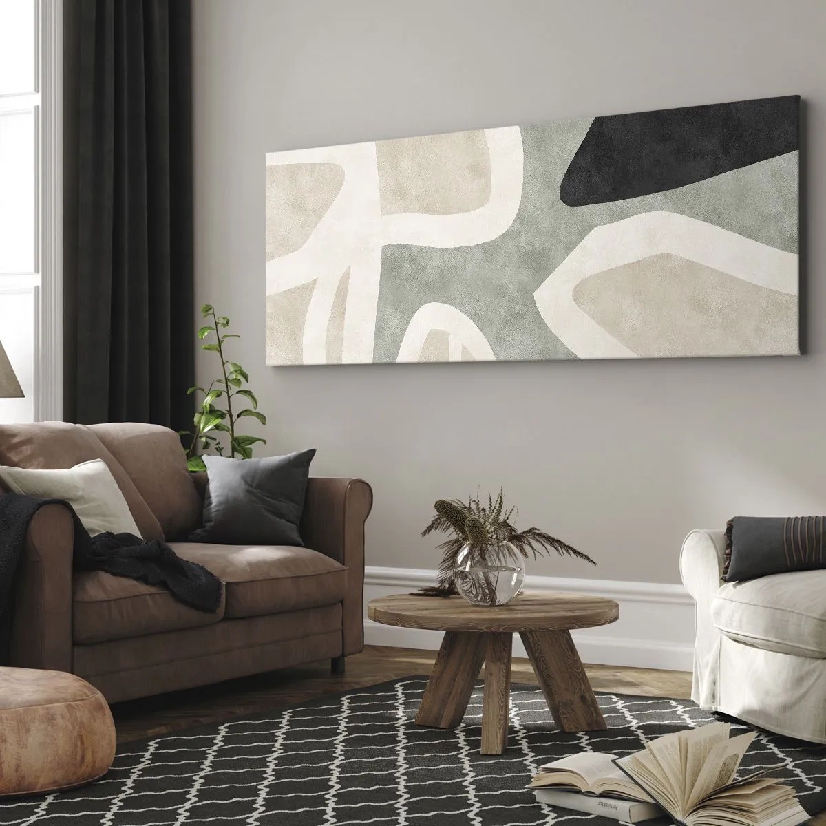 Bild auf Leinwand - Leinwandbild - Abstrakte Formen in gedämpften Farben - 160x50cm - Komposition mit schwarzem Motiv - Moderne Wanddekoration für Wohnzimmer und Schlafzimmer ARTTOR