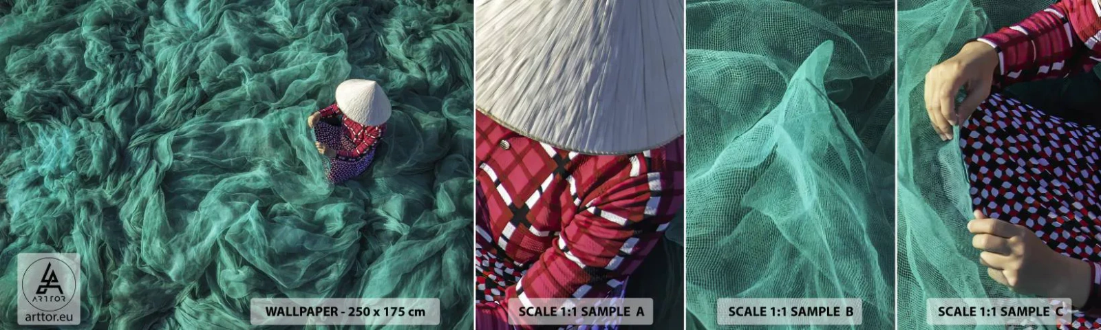 Fototapeten Muster Selbstklebend Deluxe Sticker - In einem Meer aus Netzen - Fischernetz, Frau, Vietnam - 100x30 cm