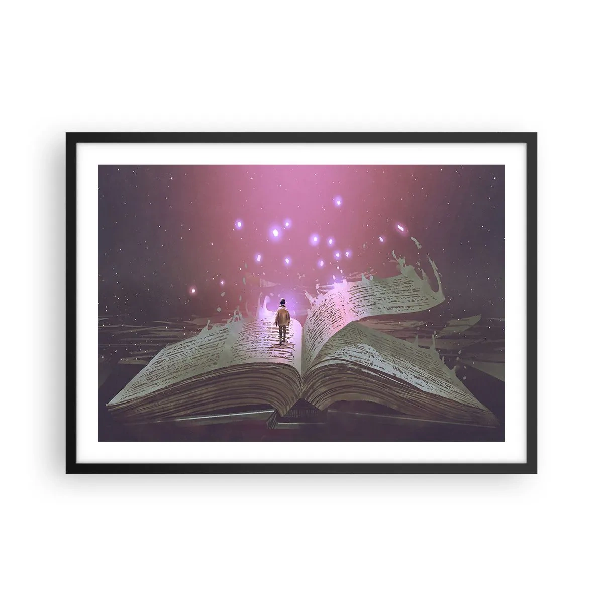 Poster in einem schwarzem Rahmen - Eine Figur tritt in einem magischen Licht auf ein offenes Buch. - 70x50cm - Einladung in eine andere Welt - lesen Sie! - Moderne Wanddekoration für Wohnzimmer und Schlafzimmer ARTTOR