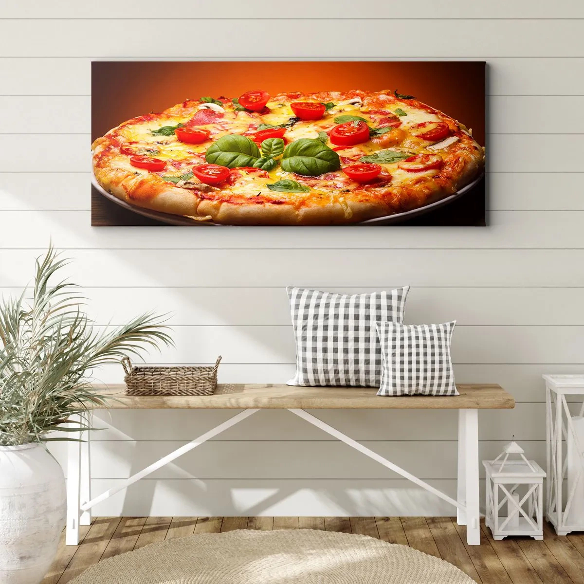 Bild auf Leinwand - Leinwandbild - Pizza mit Tomaten und Basilikum auf einem Holztisch - 120x50cm - Mamma Mia! - Moderne Wanddekoration für Wohnzimmer und Schlafzimmer ARTTOR
