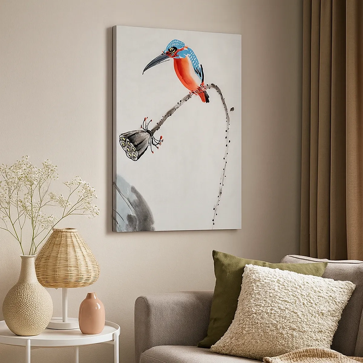 Bild auf Leinwand - Leinwandbild - Ein bunter Vogel vor einem Hintergrund aus Vegetation und einer Libelle - 50x70cm - Das Leben der Wiese - Moderne Wanddekoration für Wohnzimmer und Schlafzimmer ARTTOR