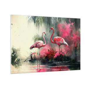 Glasbild - Bild auf glas - Zwei Flamingos in tropischer Umgebung am Wasser - 70x50cm - Lektion in natürlicher Anmut - Moderne Wanddekoration für Wohnzimmer und Schlafzimmer ARTTOR