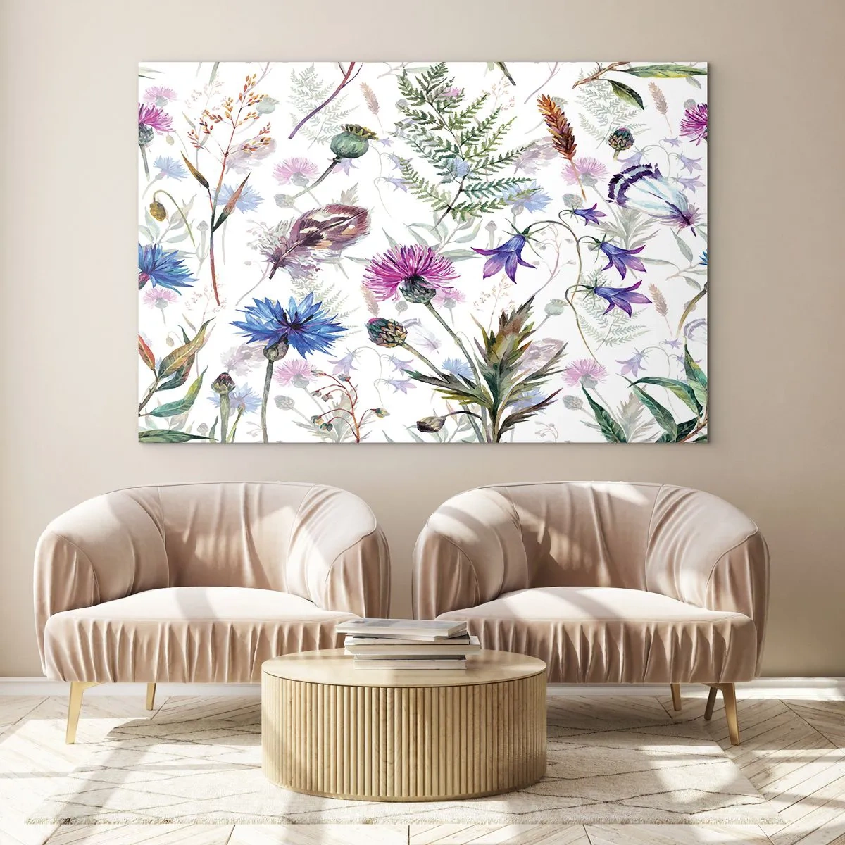Glasbild - Bild auf glas - Zeichnungen von Wildblumen und Blättern auf hellem Hintergrund - 120x80cm - Polnisches Herbarium - Moderne Wanddekoration für Wohnzimmer und Schlafzimmer ARTTOR