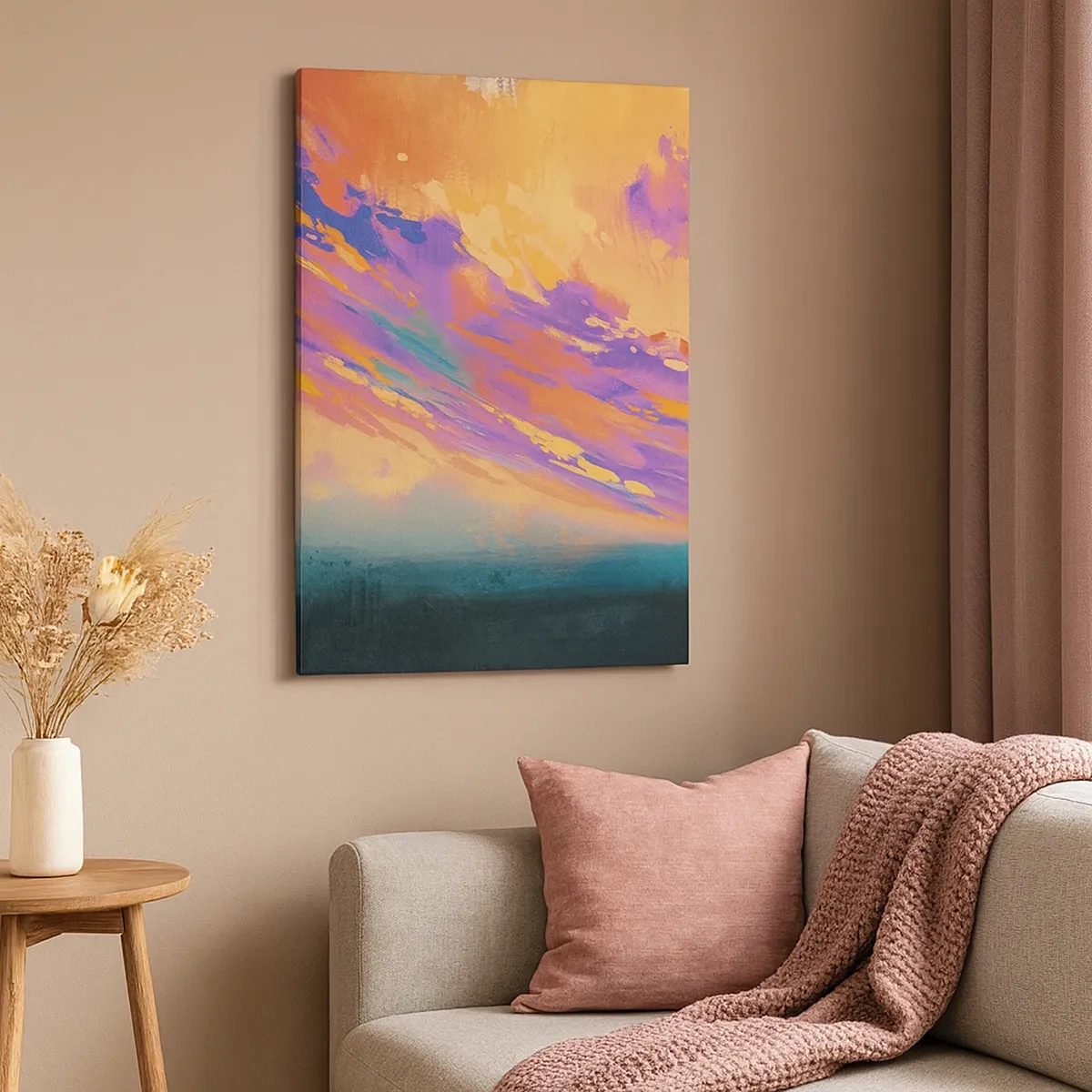 Bild auf Leinwand - Leinwandbild - Eine dynamische Szene mit Figuren vor einem farbenfrohen Sonnenuntergangshimmel - 50x70cm - Die Anziehungskraft - Moderne Wanddekoration für Wohnzimmer und Schlafzimmer ARTTOR