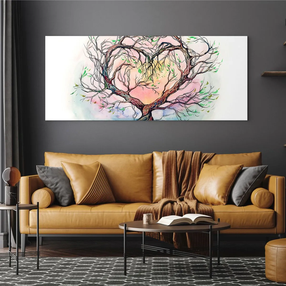 Glasbild - Bild auf glas - Ein herzförmiger Baum vor einem Hintergrund aus zarten Pastellfarben - 160x50cm - Gemeinsam gegen die Stürme - Moderne Wanddekoration für Wohnzimmer und Schlafzimmer ARTTOR