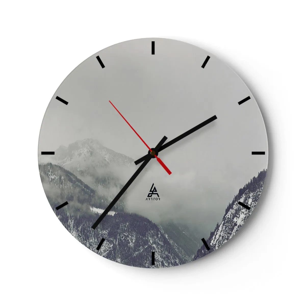 Wanduhr - Glasuhr - Eine neblige Berglandschaft in Grautönen - 30x30cm - Nebliges Tal - Moderne Wanddekoration für Wohnzimmer, Küche und Schlafzimmer ARTTOR