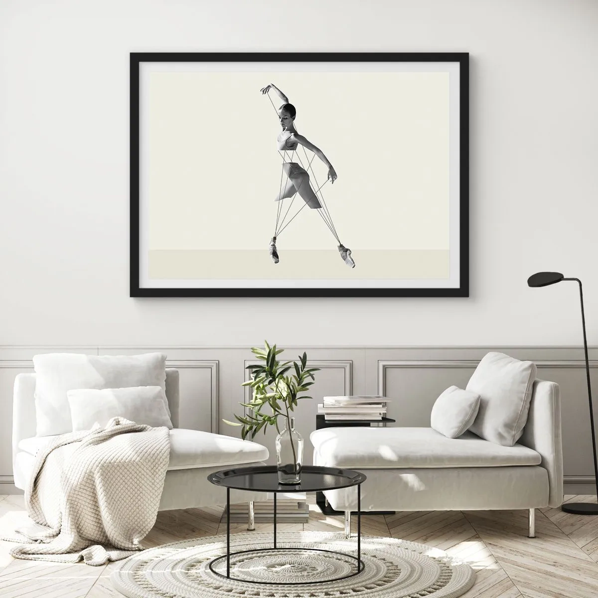 Poster in einem schwarzem Rahmen - Ballerina in geometrischer Interpretation mit Linien - 70x50cm - Im Theater der Welt - Moderne Wanddekoration für Wohnzimmer und Schlafzimmer ARTTOR