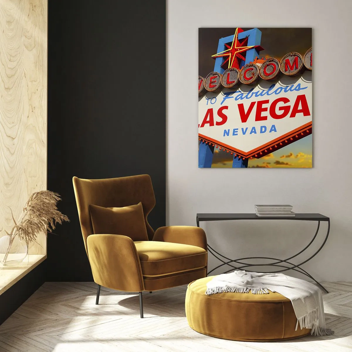 Glasbild - Bild auf glas - Das berühmte Schild „Welcome to Fabulous Las Vegas“ bei Sonnenuntergang - 80x120cm - Für ein Lächeln des Schicksals - Moderne Wanddekoration für Wohnzimmer und Schlafzimmer ARTTOR