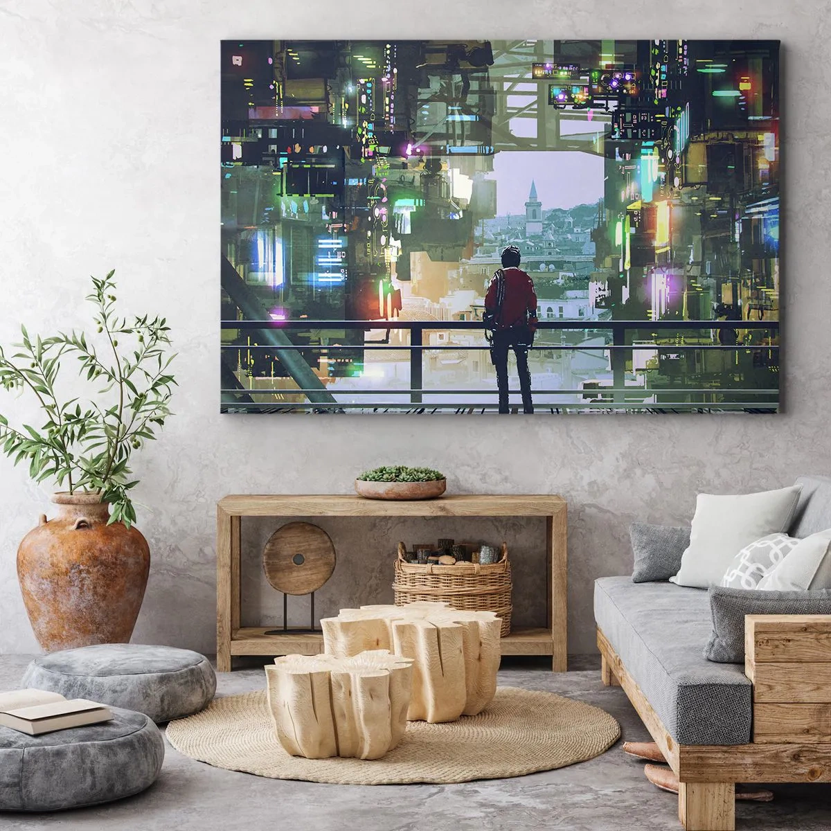 Bild auf Leinwand - Leinwandbild - Eine Figur in einer futuristischen Stadt mit Neonlichtern - 70x50cm - Zwei Welten - Moderne Wanddekoration für Wohnzimmer und Schlafzimmer ARTTOR