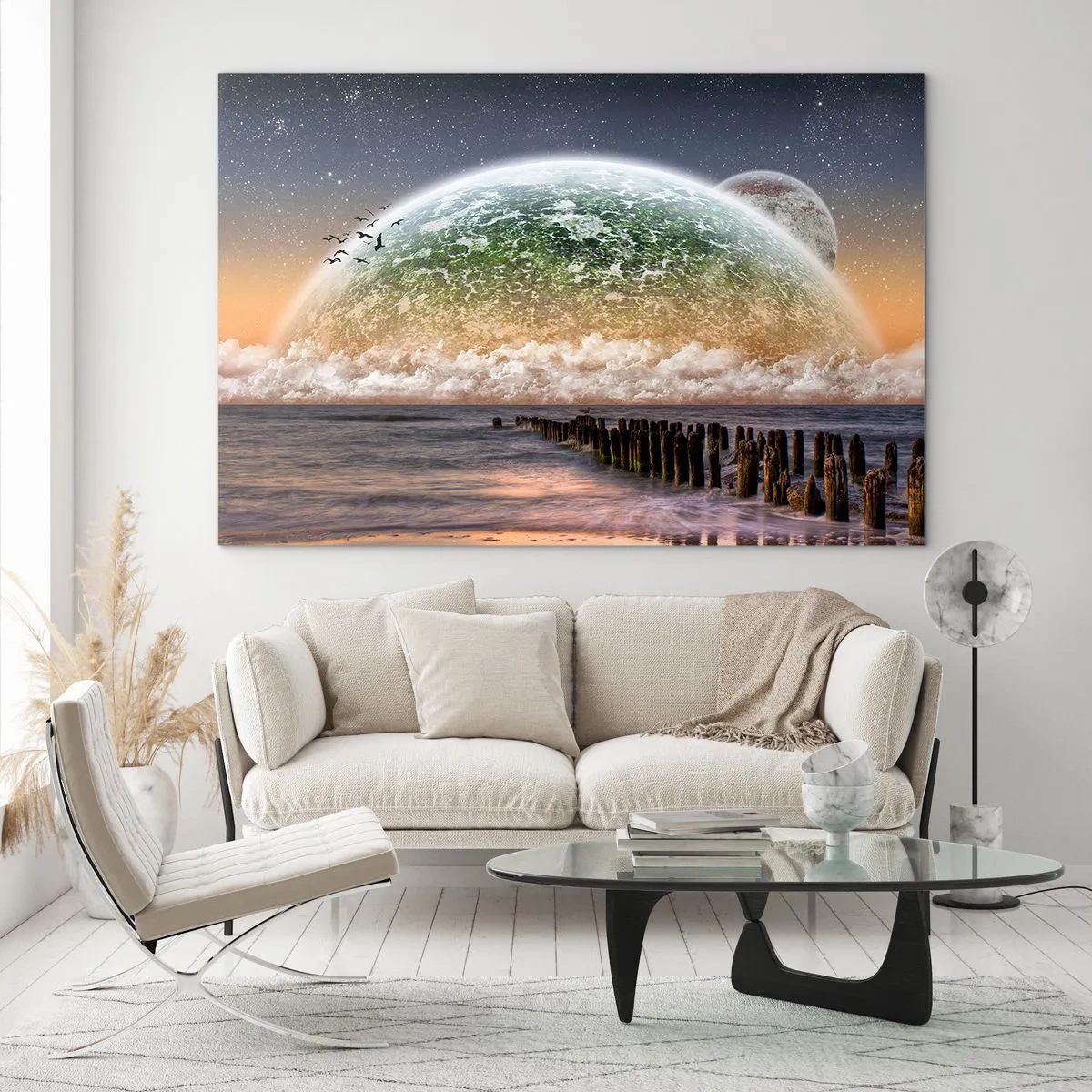 Glasbild - Bild auf glas - Sonnenuntergang über dem Planeten und dem Ozean - 70x50cm - Und die Welt tauchte aus dem Wasser auf - Moderne Wanddekoration für Wohnzimmer und Schlafzimmer ARTTOR