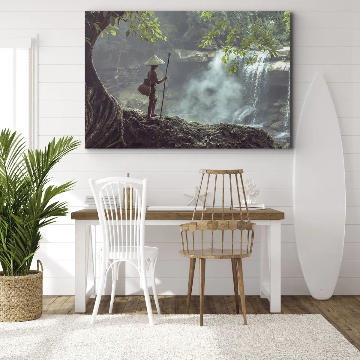 Bild auf Leinwand - Leinwandbild - Eine Figur mit einem Speer an einem Wasserfall in einem tropischen Wald - 100x70cm - Befreundet mit der Natur - Moderne Wanddekoration für Wohnzimmer und Schlafzimmer ARTTOR