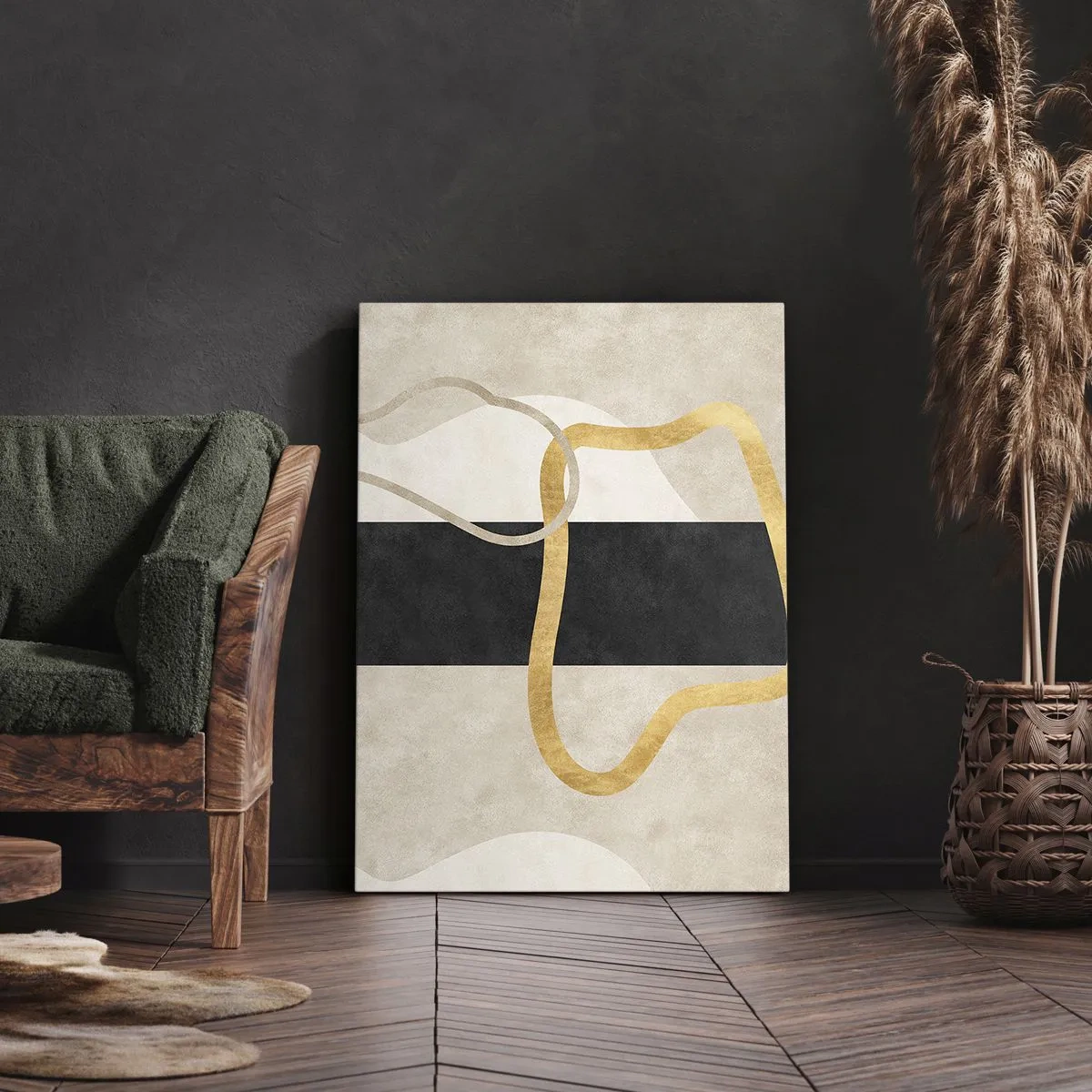 Bild auf Leinwand - Leinwandbild - Ein minimalistisches Design mit geschwungenen Formen in Gold und Schwarz. - 70x100cm - Schleifenformen - Moderne Wanddekoration für Wohnzimmer und Schlafzimmer ARTTOR