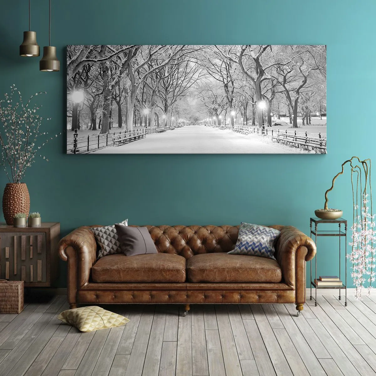 Bild auf Leinwand - Leinwandbild - Eine Winterallee mit schneebedeckten Bäumen in Monochrom - 160x50cm - Vier Jahreszeiten - Winter - Moderne Wanddekoration für Wohnzimmer und Schlafzimmer ARTTOR