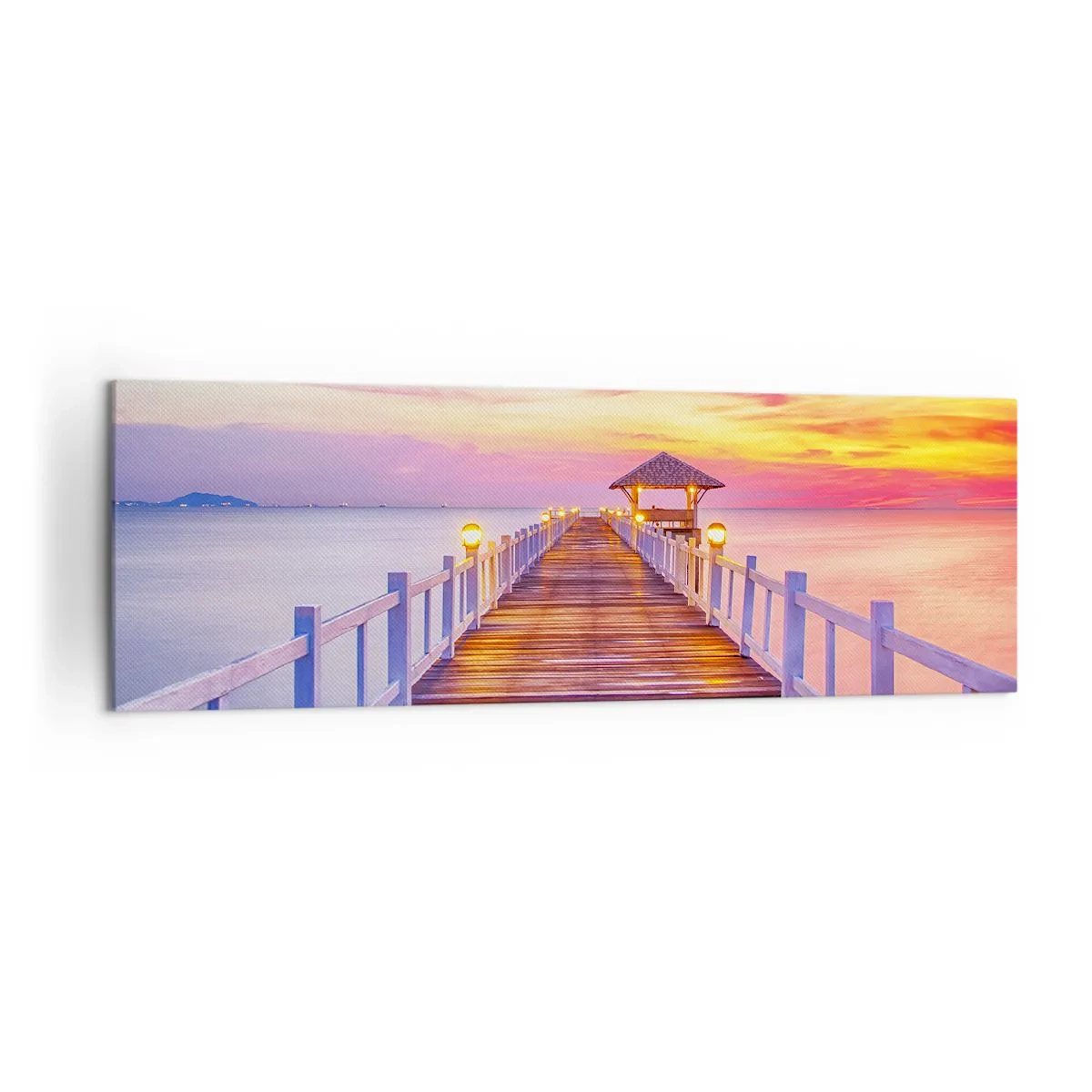 Bild auf Leinwand - Leinwandbild - Ein Pier über dem Wasser bei Sonnenuntergang in Pastellfarben - 160x50cm - Die lila-goldene Stille des Abends - Moderne Wanddekoration für Wohnzimmer und Schlafzimmer ARTTOR