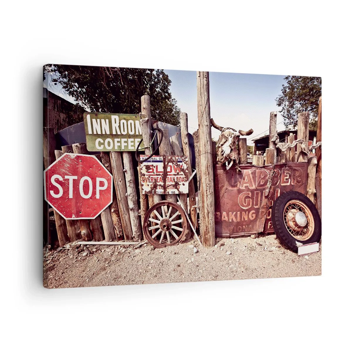 Bild auf Leinwand - Leinwandbild - Rustikale Dekoration mit Schildern und einem Rad am Zaun - 70x50cm - Und die Zeit ist stehen geblieben - Moderne Wanddekoration für Wohnzimmer und Schlafzimmer ARTTOR