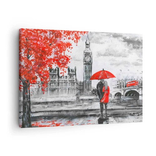 Bild auf Leinwand - Leinwandbild - Romantische Szene mit Big Ben und einem roten Regenschirm - 70x50cm - Verliebt in London - Moderne Wanddekoration für Wohnzimmer und Schlafzimmer ARTTOR