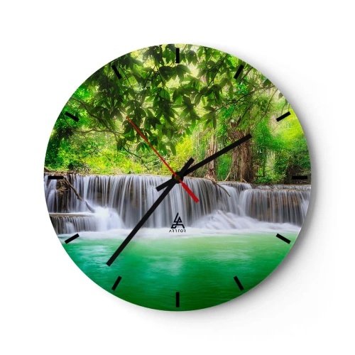 Wanduhr - Glasuhr - Ein Wasserfall in einem tropischen Wald mit grünem Wasser und üppiger Vegetation - 30x30cm - Eine Kaskade in Grün - Moderne Wanddekoration für Wohnzimmer, Küche und Schlafzimmer ARTTOR