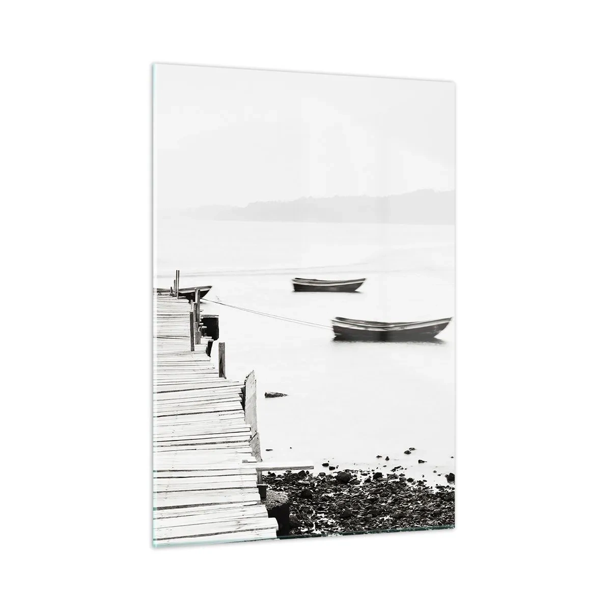 Glasbild - Bild auf glas - Schwarz-Weiß-Ansicht eines Holzstegs über einem See - 50x70cm - Ruhig und sauber über dem Wasser - Moderne Wanddekoration für Wohnzimmer und Schlafzimmer ARTTOR