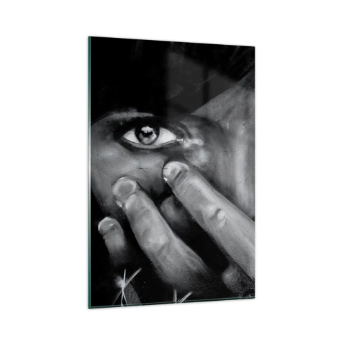 Glasbild - Bild auf glas - Schwarz-Weiß-Porträt einer Frau, die ihr Gesicht mit den Händen bedeckt. - 80x120cm - Ich werde nicht sagen, wer es gemalt hat - Moderne Wanddekoration für Wohnzimmer und Schlafzimmer ARTTOR