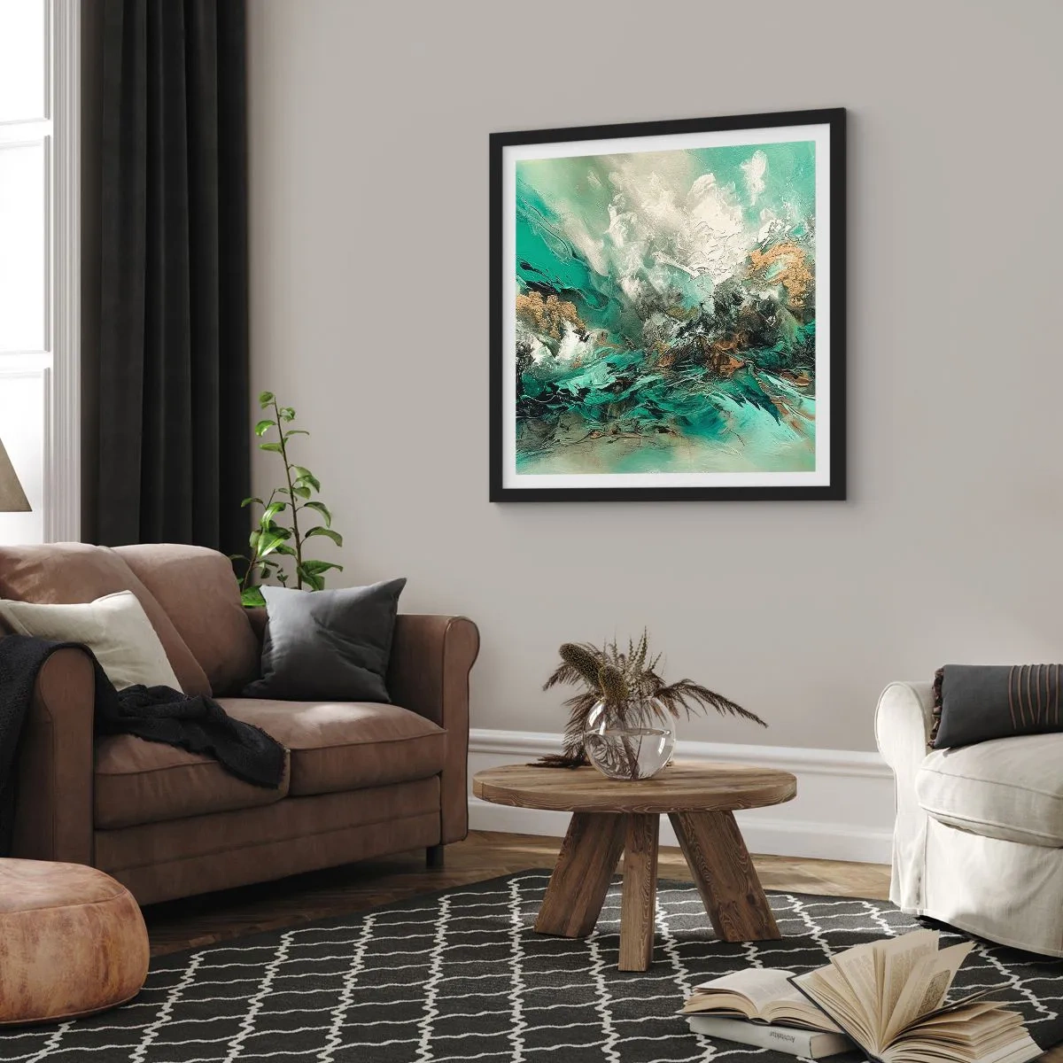 Poster in einem schwarzem Rahmen - Smaragdgrüne und schwarze Brandung - 40x40 cm