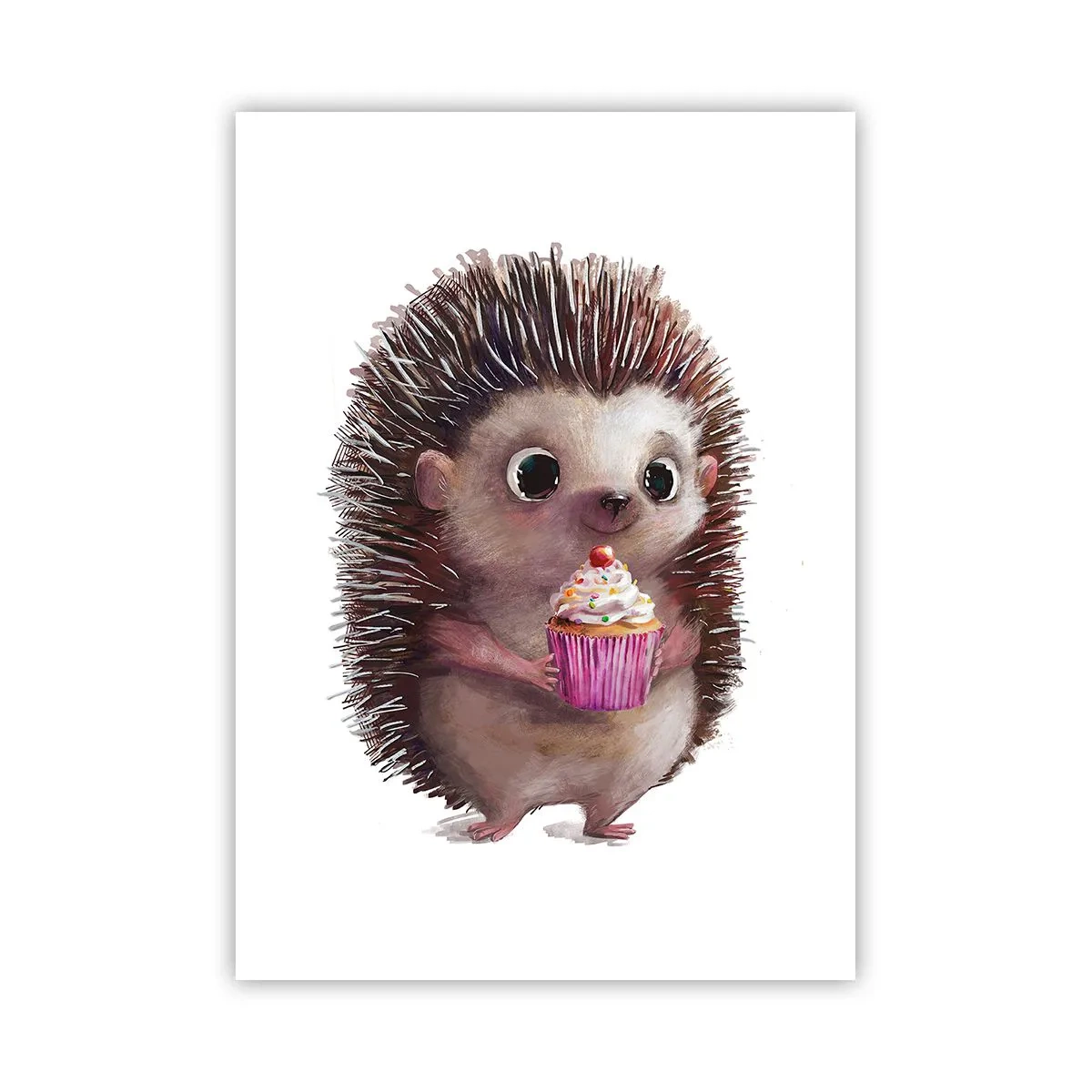 Poster - Ein süßer Igel hält einen bunten Cupcake - 50x70cm - Der Feiertag ist jeden Tag - Moderne Wanddekoration für Wohnzimmer und Schlafzimmer ARTTOR