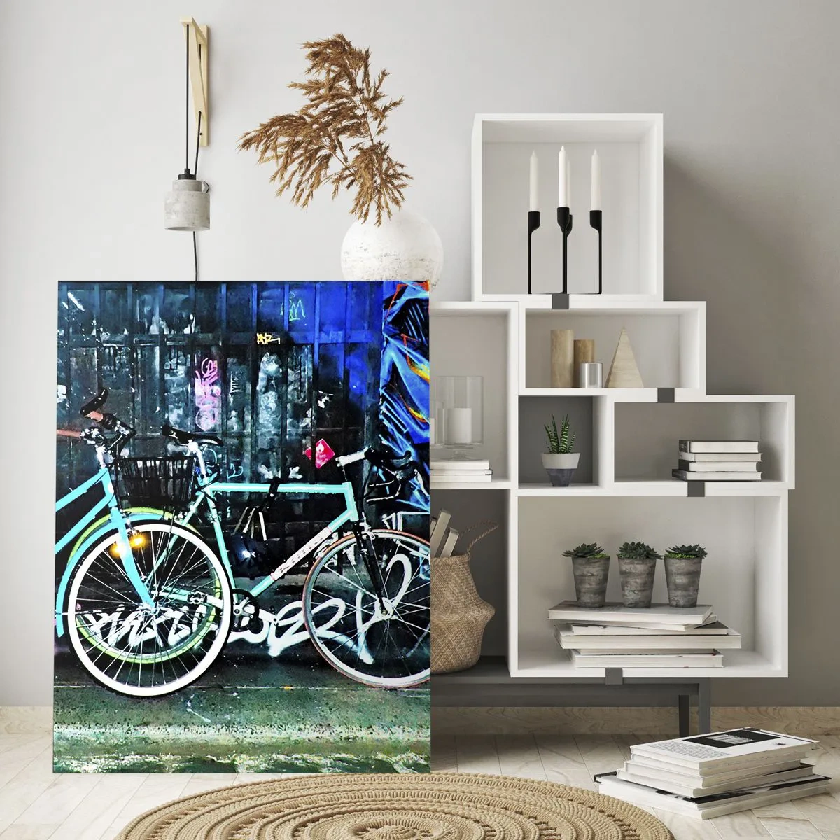 Glasbild - Bild auf glas - Ein Citybike vor Graffiti- und Neon-Atmosphäre - 50x70cm - Die Stadt ruft - Moderne Wanddekoration für Wohnzimmer und Schlafzimmer ARTTOR